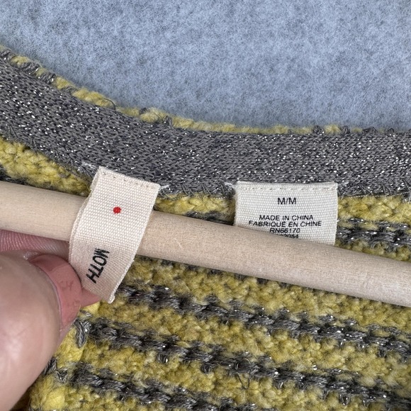 MOTH Anthropologie Cardigan Womens M Yellow Stripe Puff Sleeve Button Sweater - Picture 3 of 9